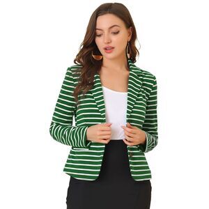 Notched Lapel Pocket Button Closure Striped Blazer Green White